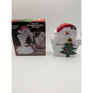 Vtg Set of 4 Plastic Snowman Christmas Coasters‎ with Holder Holiday Decor